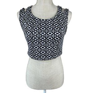 Anthropologie Mine Print Crop Top Womens Size M Black White Split Shoulder Strap